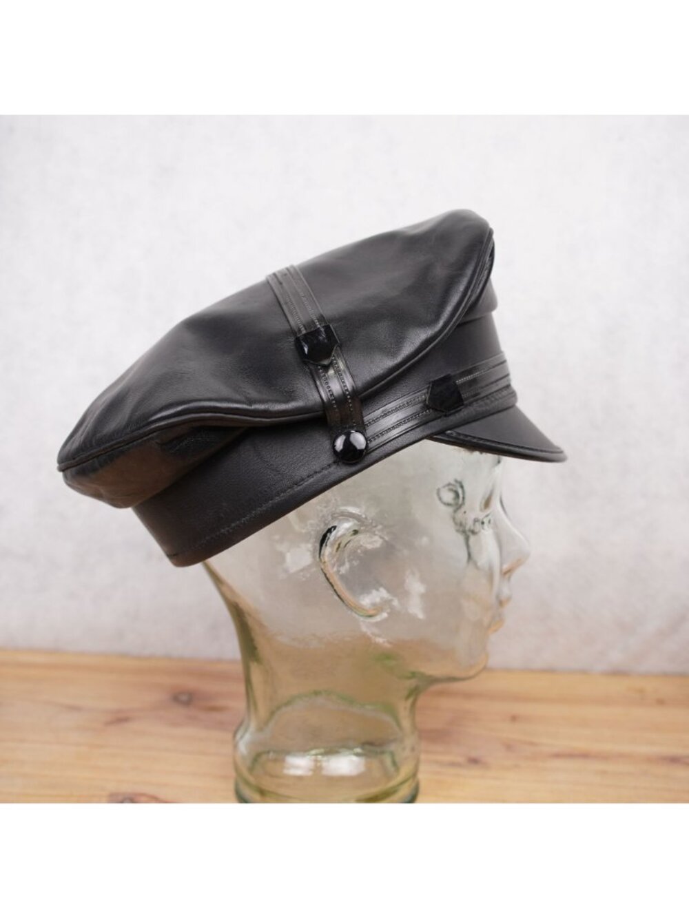 Vintage Genuine Leather Black Army Muir Biker Peakerd Police Cap Hat Union Made - Picture 5 of 12